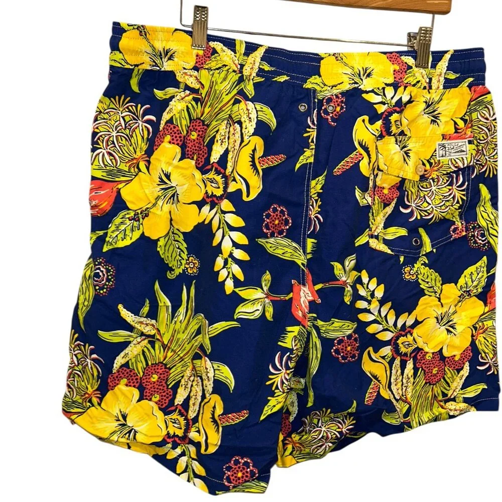 Polo Ralph Lauren bright yellow blue tropical plumeria flowers swimming trunksXL